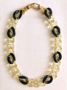 Collier chaîne, maillons dorés pailletés et noirs  « Deauville »