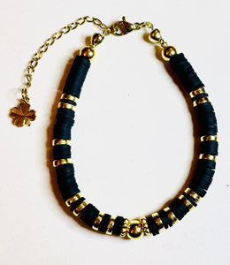 Bracelet perles plates Heishi noir et or