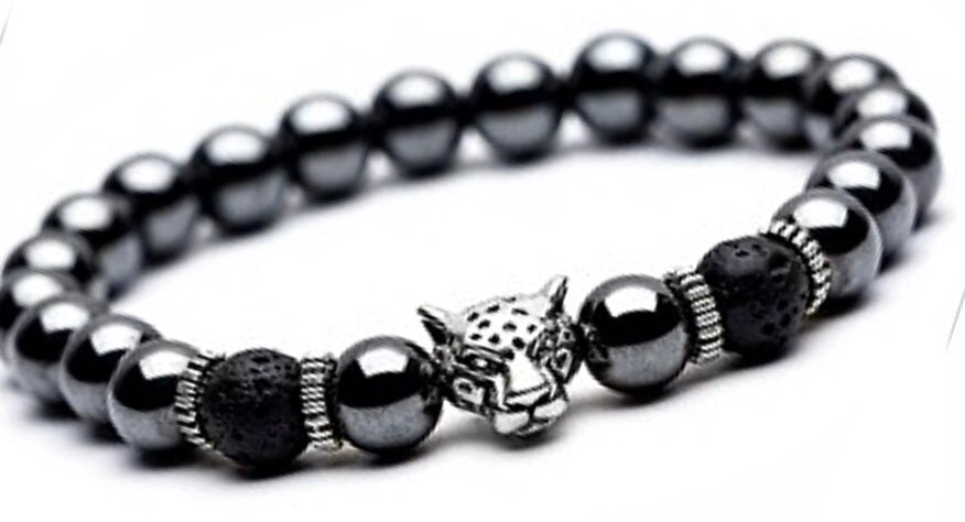 Bracelet acier 316 - hématites, pierre de lave et tête de tigre